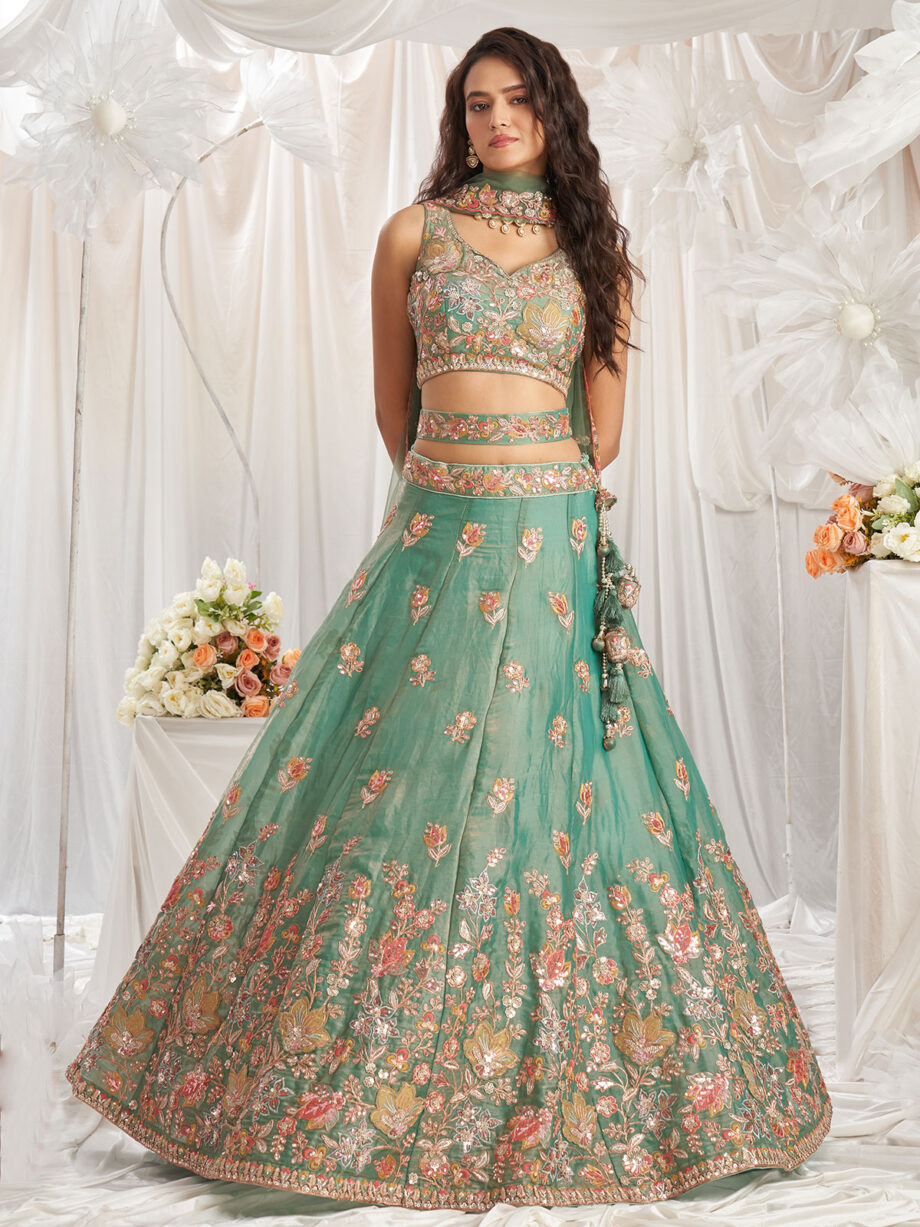 Lime Green Poly Georgette Lehenga Choli With Dupatta